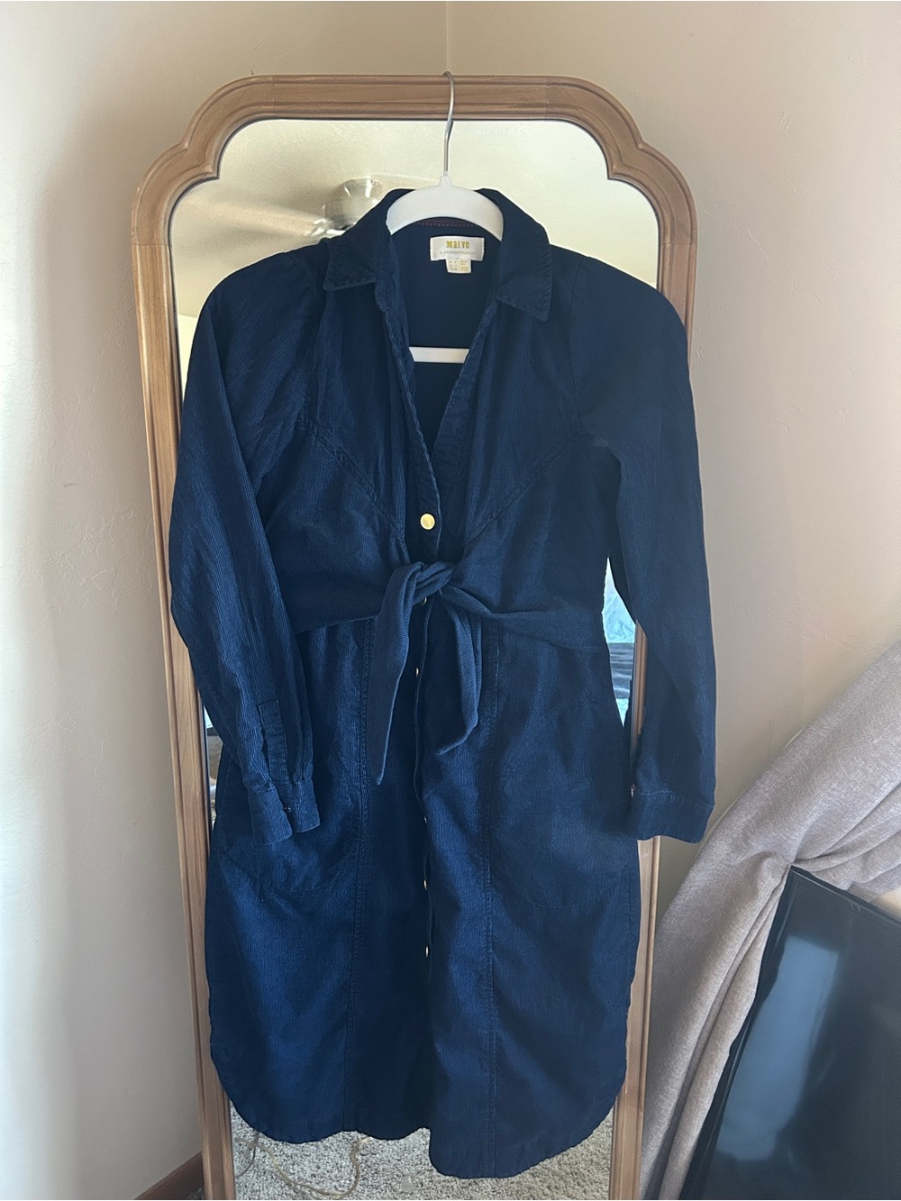 Anthropologie Navy Long-Sleeve Tie-Waist Shirt Dress